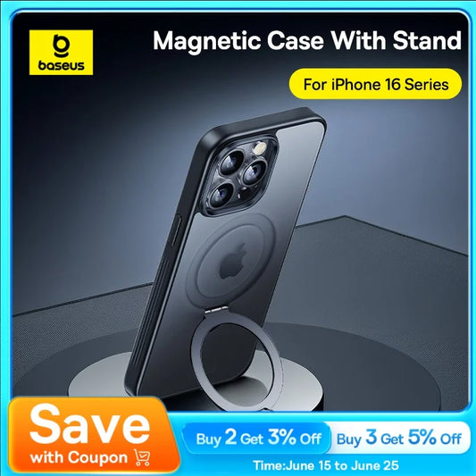Baseus Magnetic Stand Case for iPhone 16 15 14 13 Pro Max Plus Case 180° Adjustable Kickstand Ring Cover Magnetic Charging Case