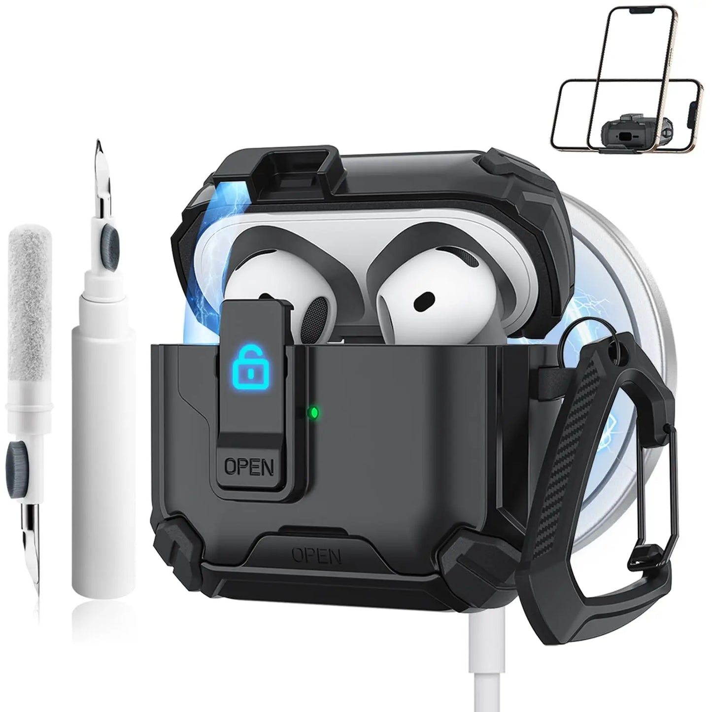 for AirPods 4 Case with Magsafe Magnetic Automatic Lock with Phone Stand Protective Cover with Cleaner kit Case for Airpods 4