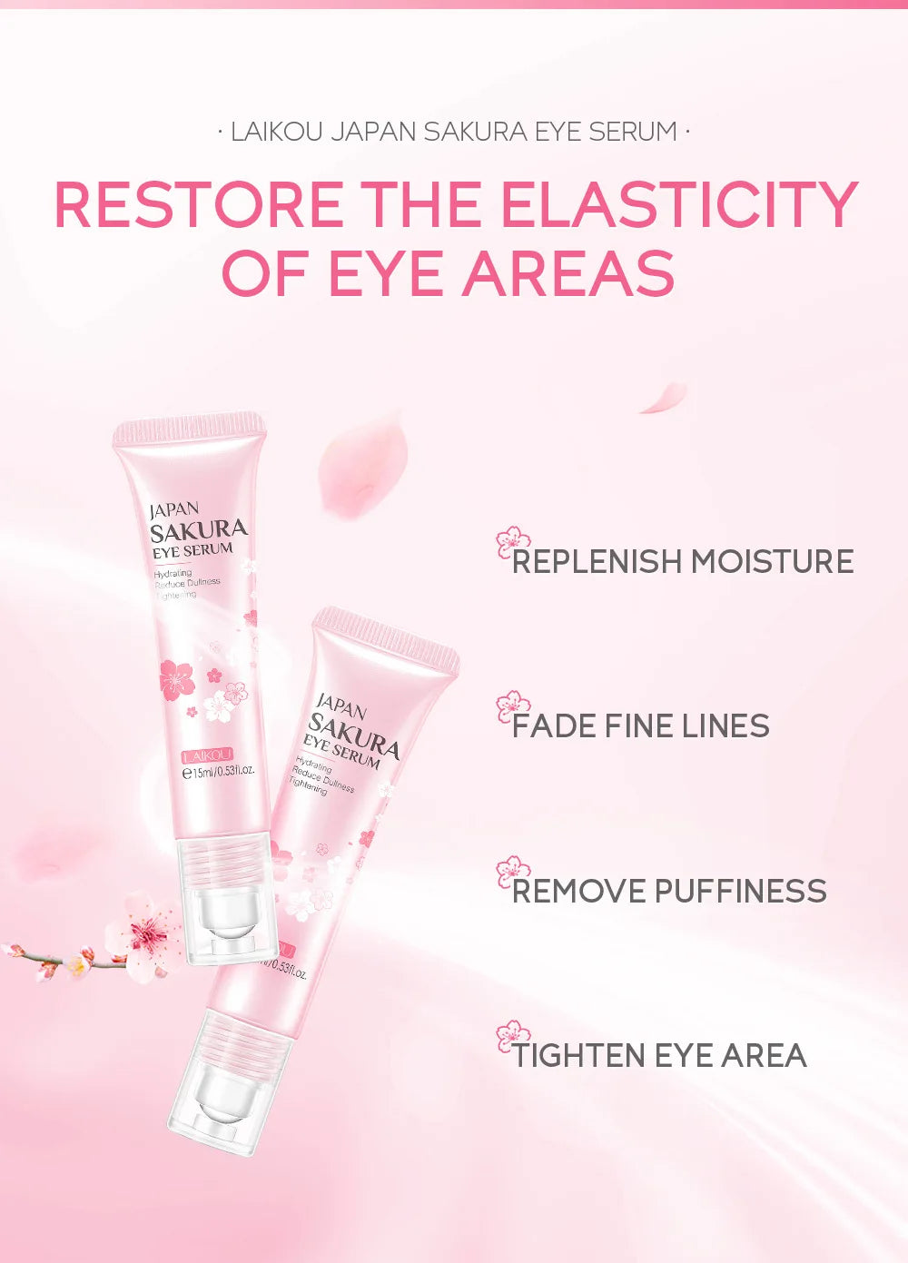 LAIKOU Sakura Eye Serum Eye Roller Massage Vitamin C Hyaluronic Acid Skin Care Eye Bags Cream Moisturizing Dark Circles 15ml
