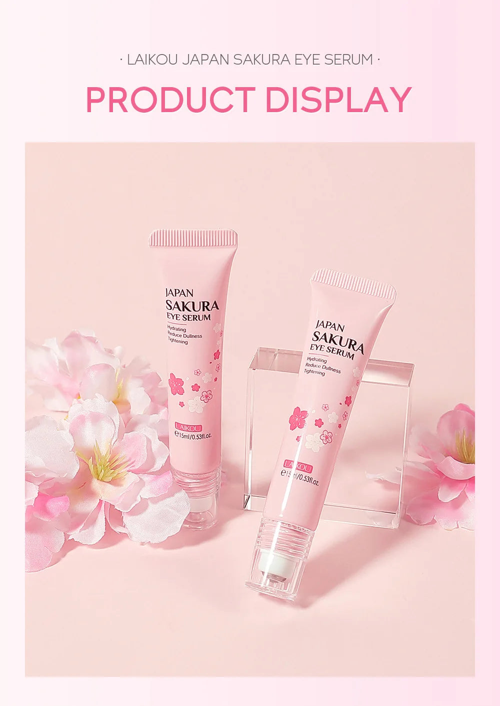 LAIKOU Sakura Eye Serum Eye Roller Massage Vitamin C Hyaluronic Acid Skin Care Eye Bags Cream Moisturizing Dark Circles 15ml
