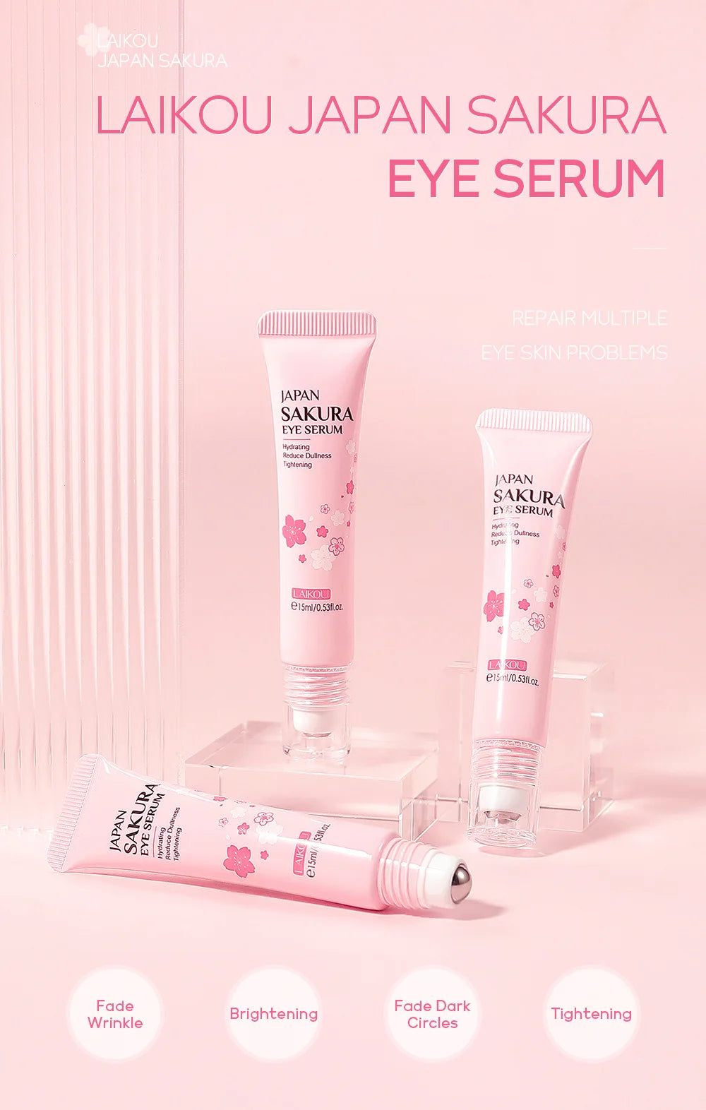 LAIKOU Sakura Eye Serum Eye Roller Massage Vitamin C Hyaluronic Acid Skin Care Eye Bags Cream Moisturizing Dark Circles 15ml