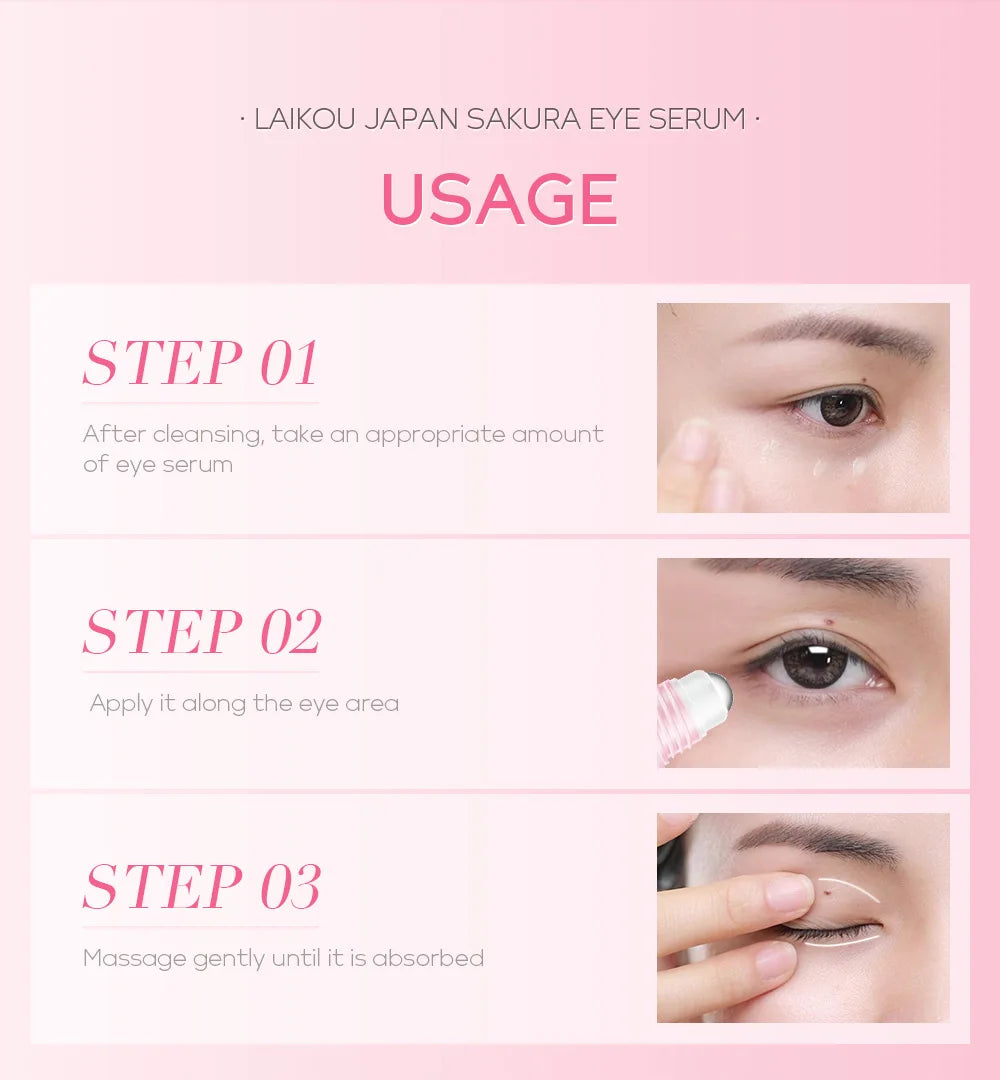LAIKOU Sakura Eye Serum Eye Roller Massage Vitamin C Hyaluronic Acid Skin Care Eye Bags Cream Moisturizing Dark Circles 15ml