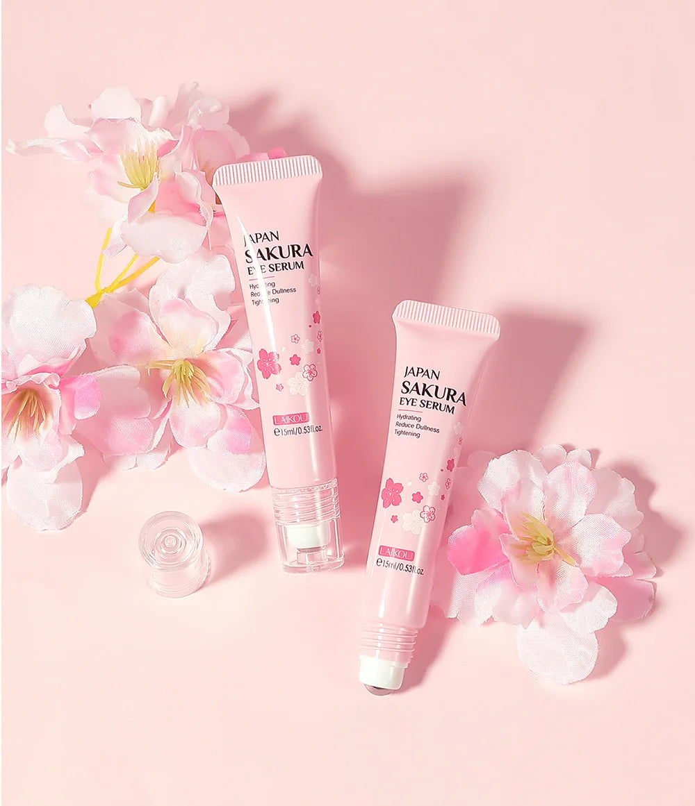 LAIKOU Sakura Eye Serum Eye Roller Massage Vitamin C Hyaluronic Acid Skin Care Eye Bags Cream Moisturizing Dark Circles 15ml