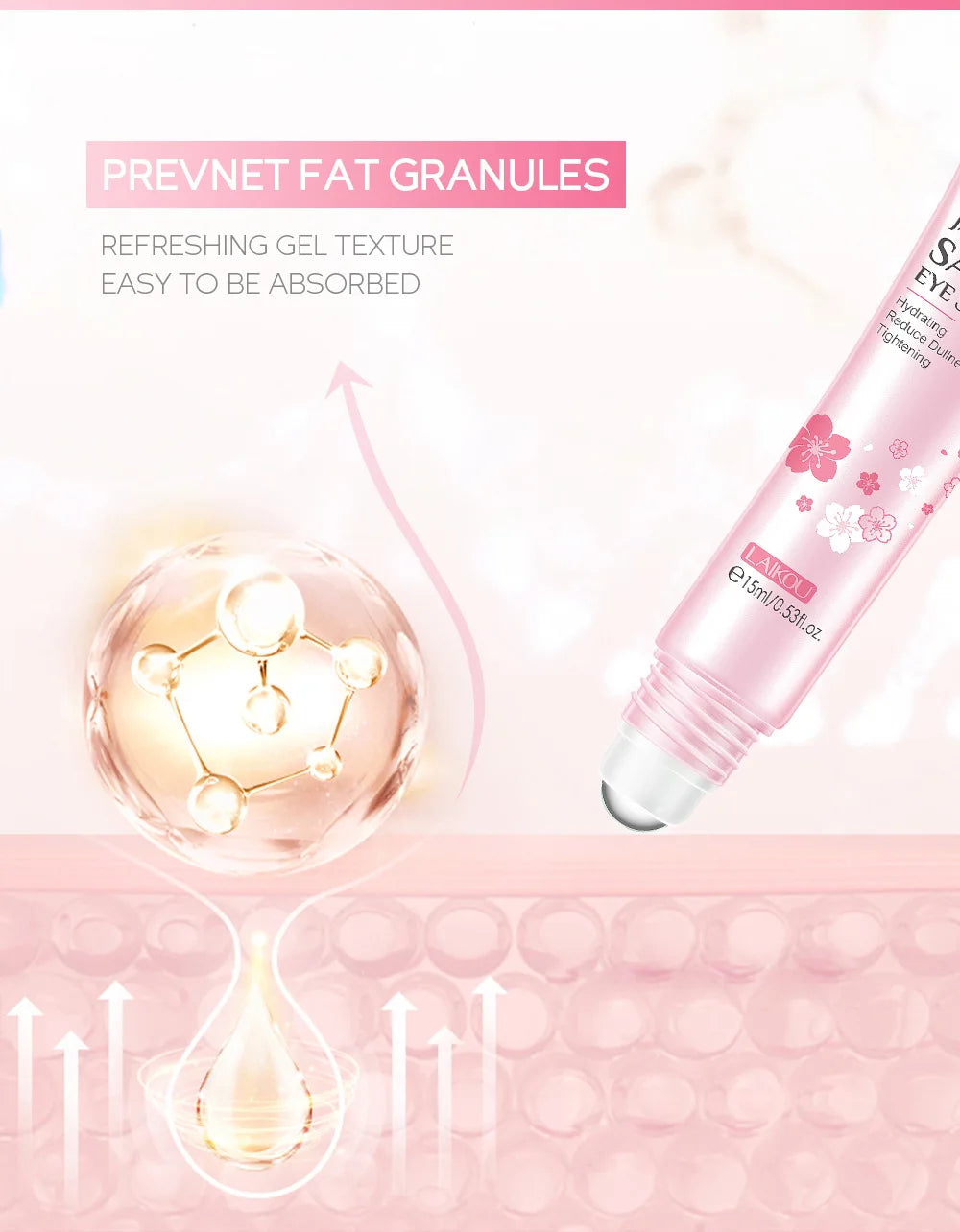 LAIKOU Sakura Eye Serum Eye Roller Massage Vitamin C Hyaluronic Acid Skin Care Eye Bags Cream Moisturizing Dark Circles 15ml