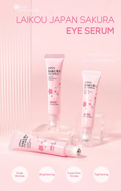 LAIKOU Sakura Eye Serum Eye Roller Massage Vitamin C Hyaluronic Acid Skin Care Eye Bags Cream Moisturizing Dark Circles 15ml
